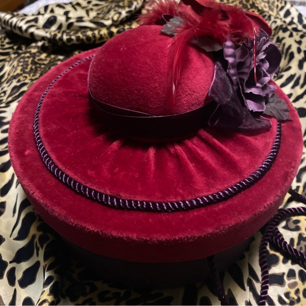 Barrington Velvet Decorative Hat Box with Deep Red Velvet Purple Feathers 8” dia